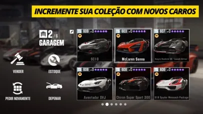 Pantalla de colección de autos de un juego de carreras